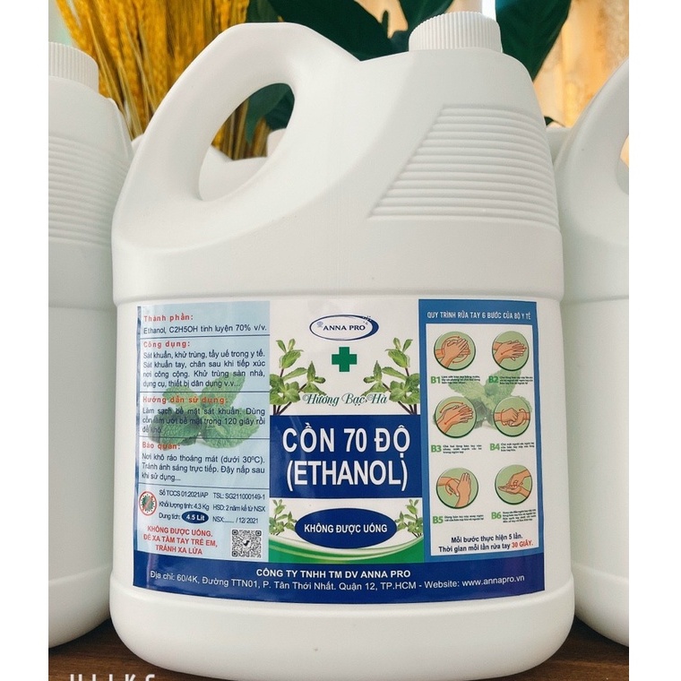Dung dịch sát khuẩn Cồn 70 độ (Ethanol) Anna Pro (hương bạc hà) can 4,5 lít