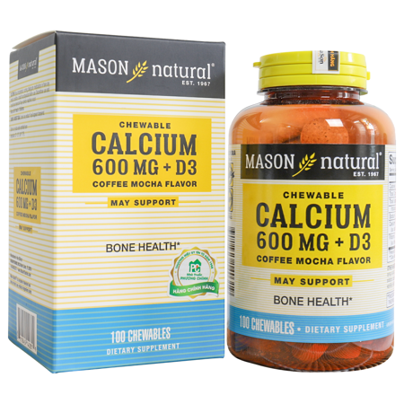 Hỗ trợ sức khỏe hệ xương khớp Calcium 600mg + D3 (MASON Natural) hộp 1 lọ 100 viên nhai
