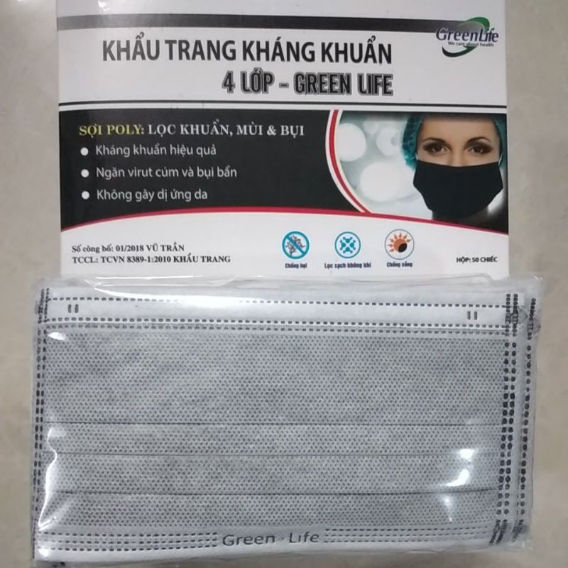 Khẩu trang kháng khuẩn 4 lớp Green Life (xám) hộp 50 cái