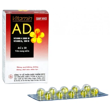 Thuốc dự phòng, điều trị thiếu Vitamin A và D Vitamin AD OPC hộp 4 vỉ x 10 viên