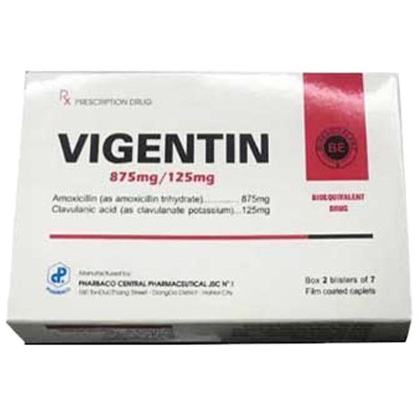 Thuốc kháng sinh Vigentin 875mg/125mg	 hộp 2 vỉ x 7 viên