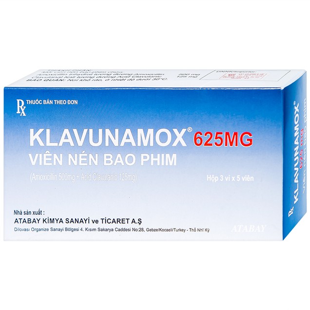 Kháng sinh Klavunamox 625mg Atabay hộp 3 vỉ x 5 viên