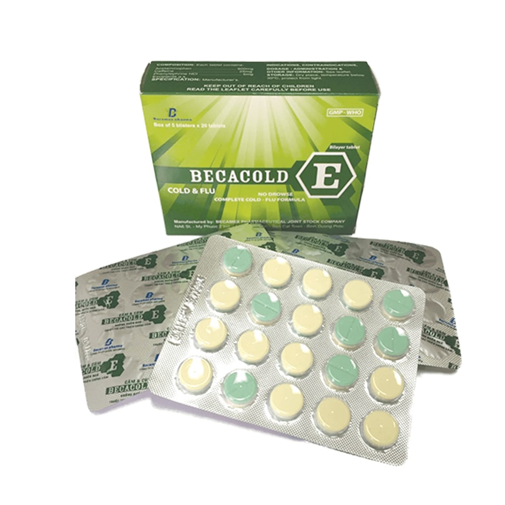 Thuốc trị ho, long đờm Becacold E hộp 5 vỉ x 20 viên