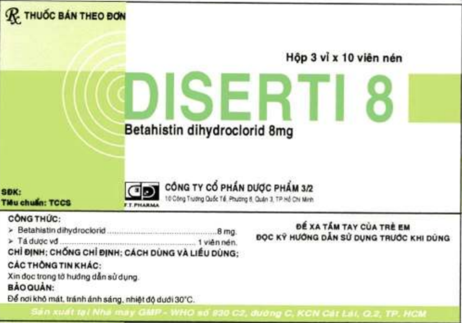 Thuốc trị chóng mặt, rối loạn tiền đình Diserti 8 hộp 3 vỉ x 10 viên
