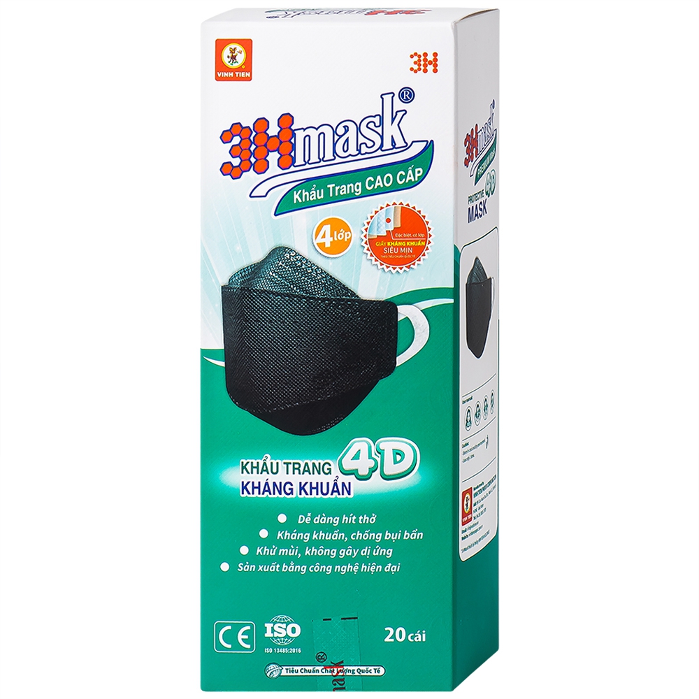 Khẩu trang 4D kháng khuẩn màu đen 3Hmask Vĩnh Tiến hộp 20 cái
