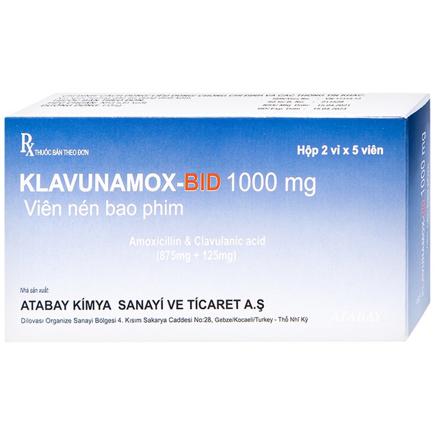 Điều trị viêm amidan, viêm tai giữa Klavulamox-Bid 1000mg Atabay hộp 2 vỉ x 5 viên