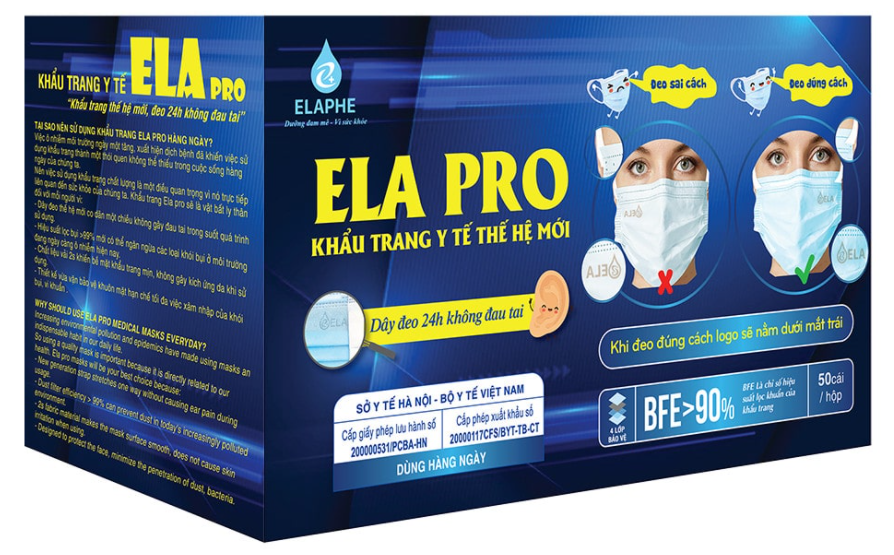 Khẩu trang y tế ELA PRO (xanh) hộp 50 cái