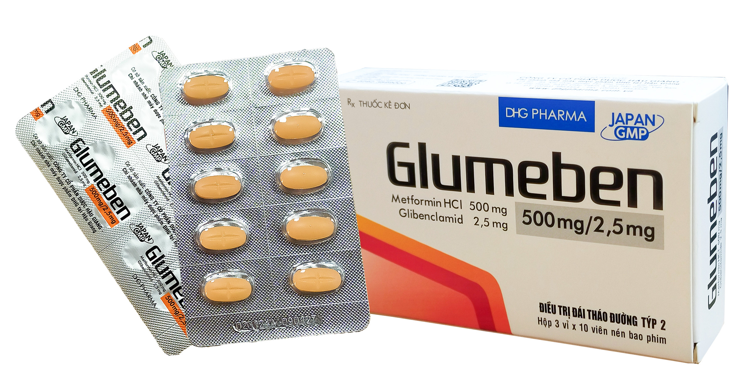 Thuốc điều trị đái tháo đường tuýp 2 Glumeben 500mg/2.5mg hộp 3 vỉ x 10 viên