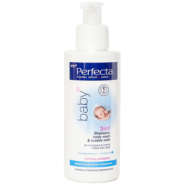 Gel tắm gội 3 trong 1 cho trẻ từ 1 ngày tuổi, dưỡng ẩm da Perfecta Baby Rohto chai x 150ml