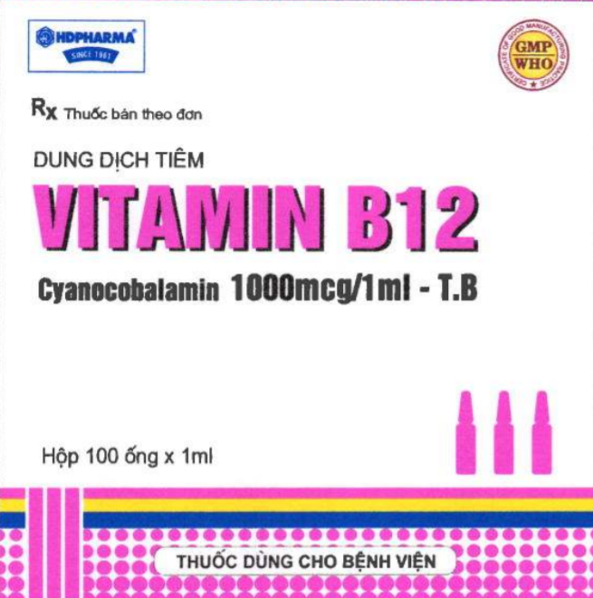 Dung dịch tiêm Vitamin B12 1000mcg/1ml (Hải Dương) hộp 100 ống x 1ml