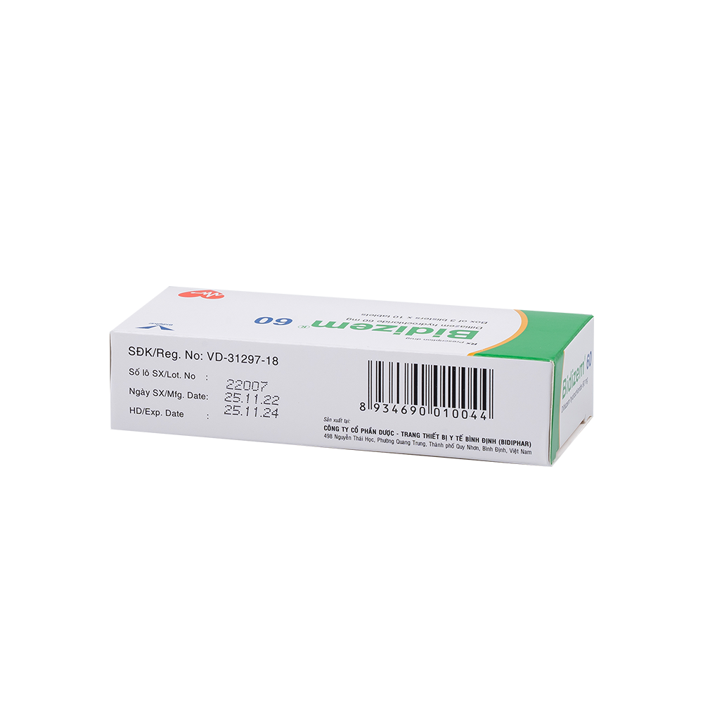 Thuốc tim mạch Bidizem 60 Bidiphar hộp 3 vỉ x 10 viên