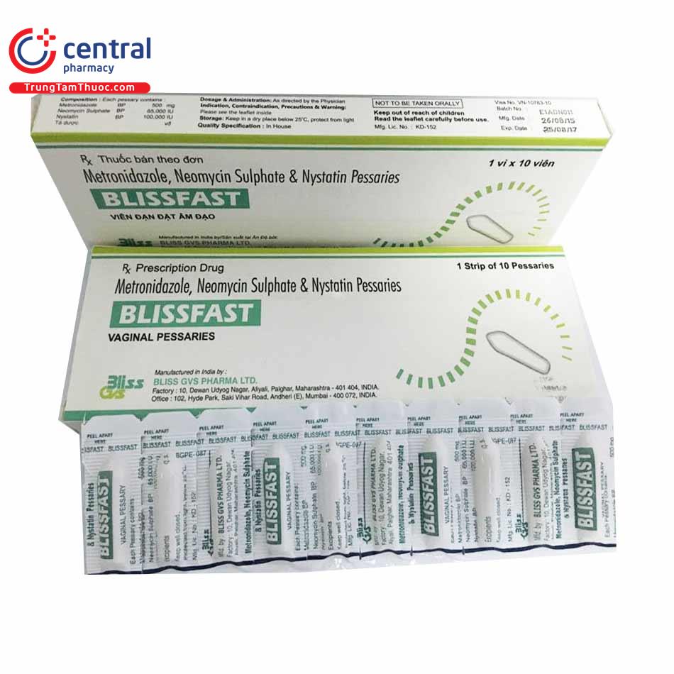 Điều trị nhiễm khuẩn âm đạo Blissfast Vaginal Pessaries hộp 1 vỉ x 10 viên