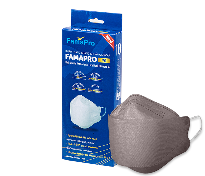 Khẩu trang kháng khuẩn cao cấp Famapro 4D (xám) hộp 10 cái