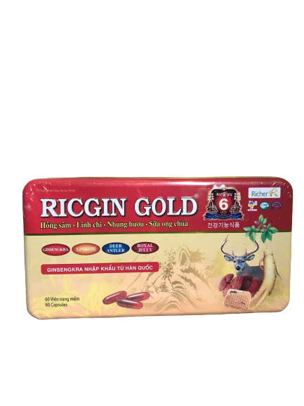 Viên nhung, sâm, linh chi, sữa ong chúa tăng sức đề kháng Ricgin Gold hộp 12 vỉ x 5 viên