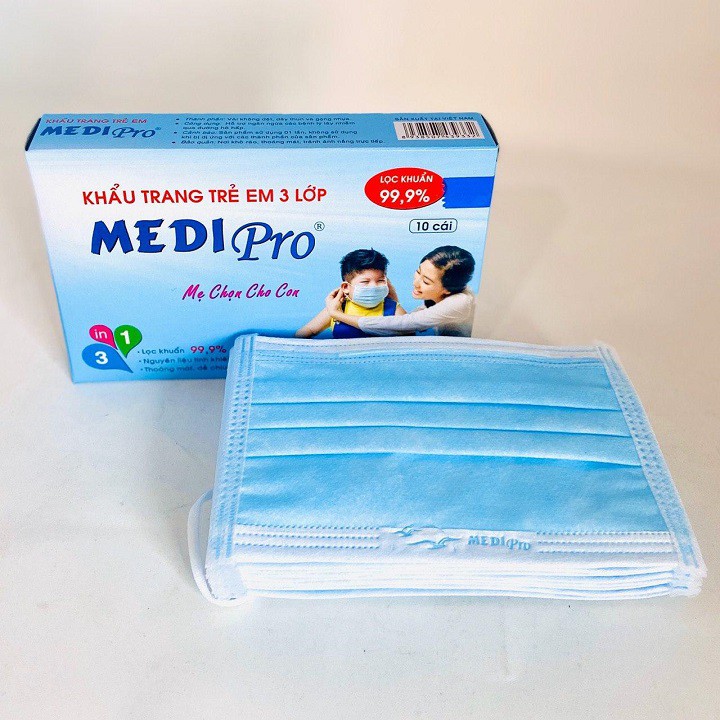Khẩu trang trẻ em 3 lớp màu xanh Medi Pro hộp 10 cái