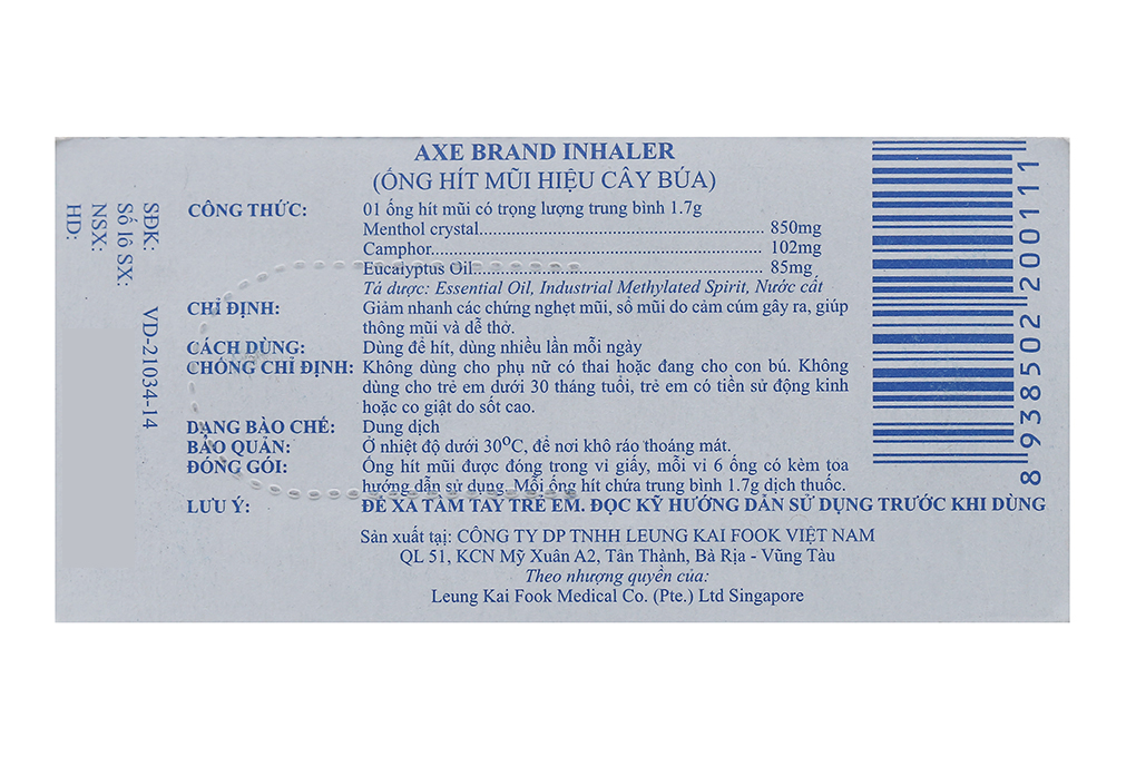 Ống hít trị nghẹt mũi Axe Brand Inhaler vỉ 6 ống x 1,7g dịch thuốc-2