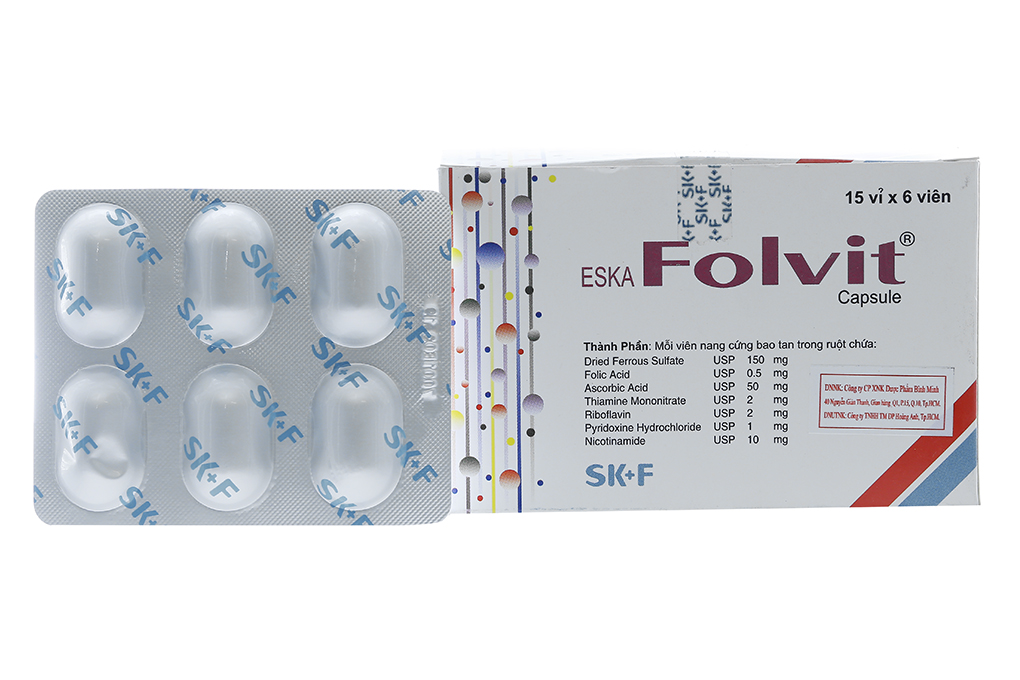 Bổ sung sắt và axit folic, trị thiếu máu EskaFolvit hộp 15 vỉ x 6 viên