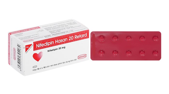Thuốc điều trị tăng huyết áp Nifedipin Hasan 20mg Retard hộp 10 vỉ x 10 viên