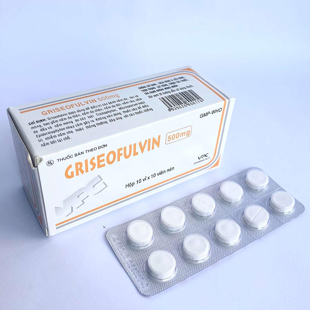 Thuốc kháng nấm Griseofulvin 500mg VPC hộp 10 vỉ x 10 viên nén