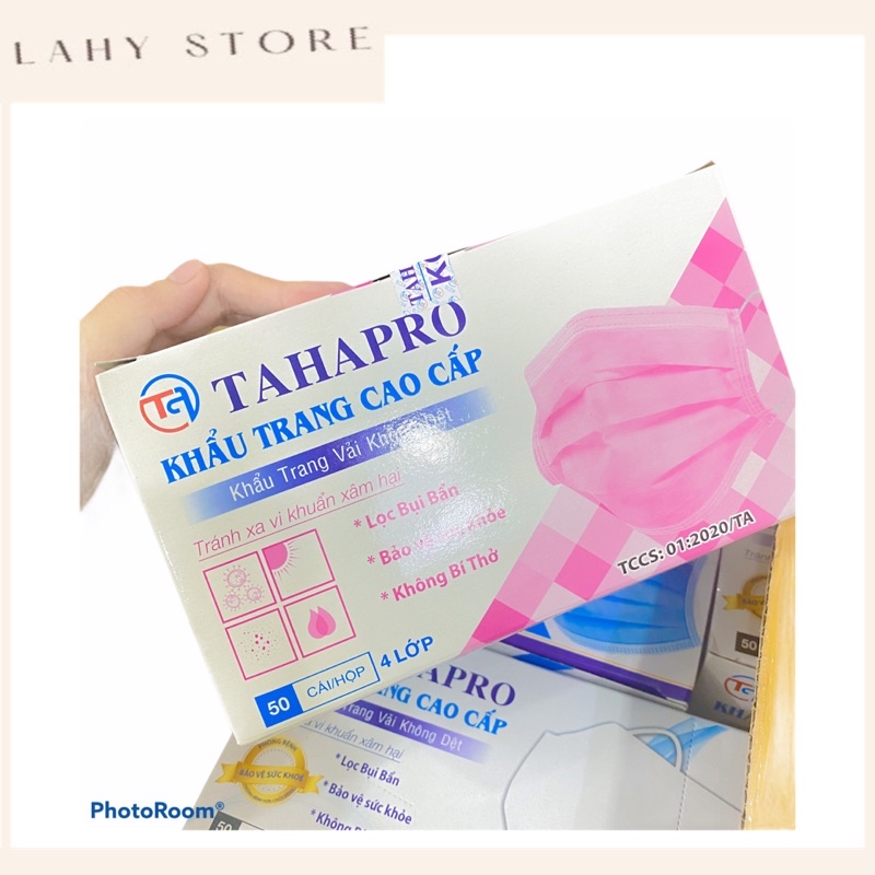 Khẩu trang cao cấp 4 lớp Tahapro (hồng) hộp 50 cái