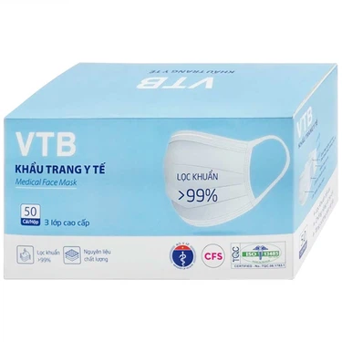 Khẩu trang y tế VTB màu trắng 3 lớp hộp 5 gói x 10 cái