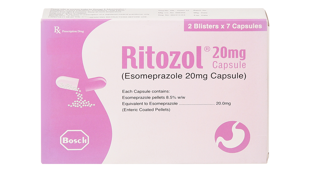 Thuốc điều trị trào ngược dạ dày- thực quản Ritozol 20mg hộp 2 vỉ x 7 viên nang cứng