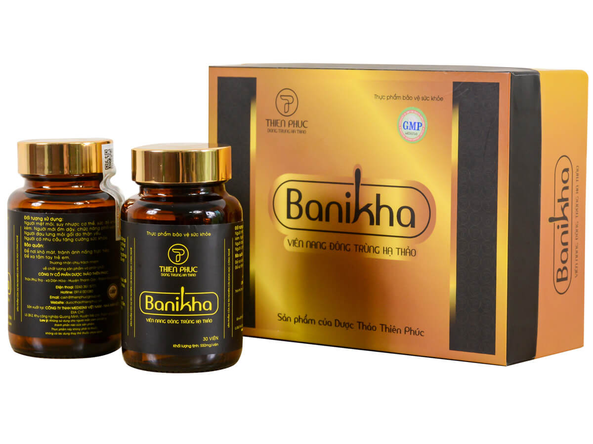 Thực phẩm bảo vệ sức khỏe Viên nang đông trùng hạ thảo Banikha (Thiên Phúc) hộp 2 lọ x 30 viên