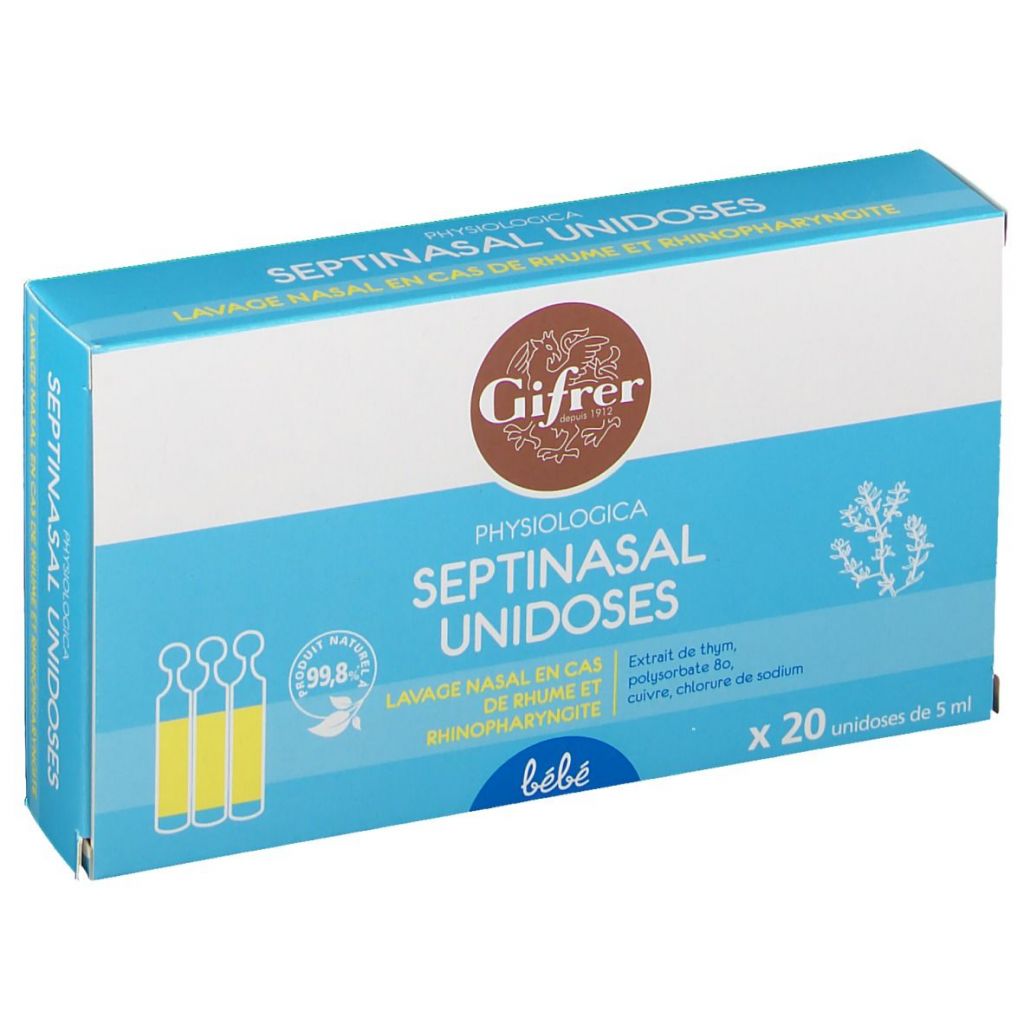 Nước muối sinh lý kháng viêm Gifrer Physiologica Septinasal Unidoses (xanh) hộp 20 ống x 5ml