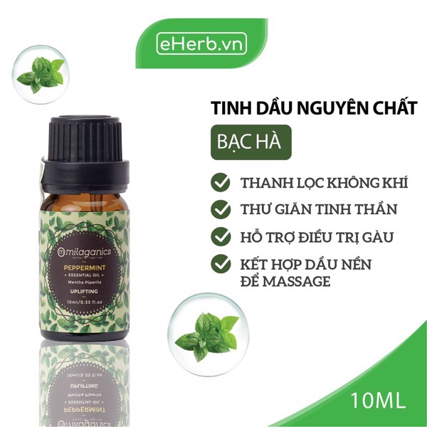 Tinh dầu bạc hà nguyên chất giúp đuổi muỗi, thơm phòng, giảm stress Milaganics Peppermint hộp 1 chai 10ml
