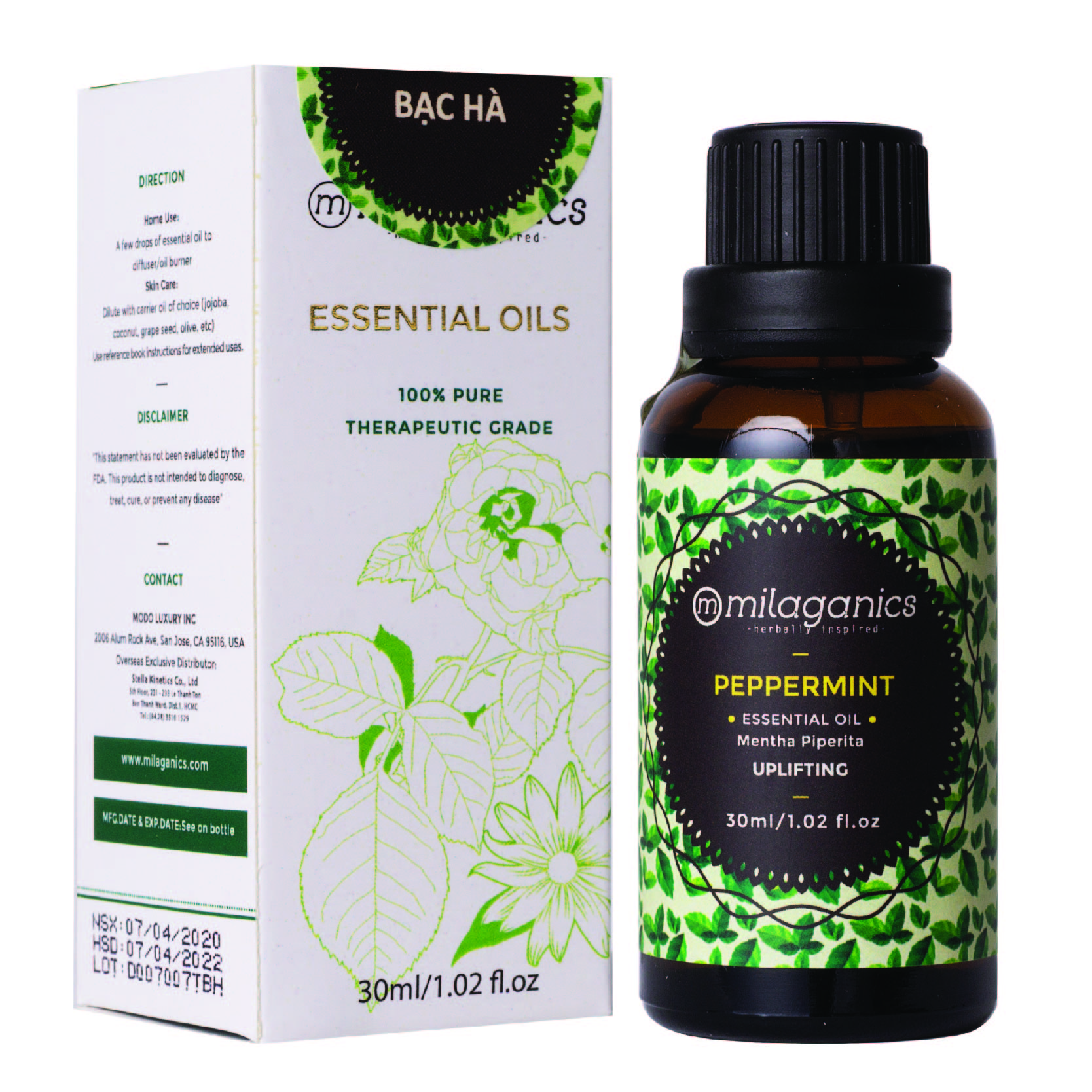 Tinh dầu bạc hà nguyên chất giúp đuổi muỗi, thơm phòng, giảm stress Milaganics Peppermint hộp 1 chai 30ml