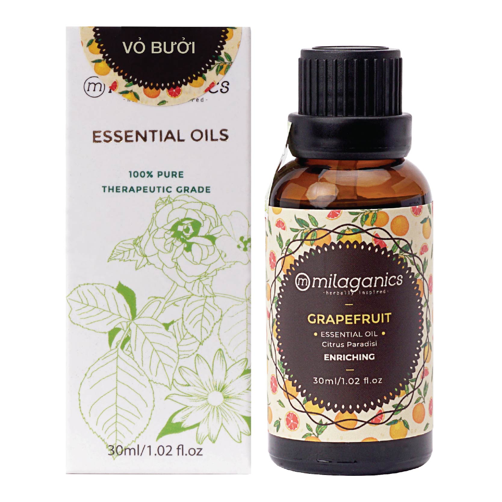 Tinh dầu vỏ bưởi nguyên chất kích thích mọc tóc, thư giãn tinh thần, đuổi muỗi Milaganics Grapefruit hộp 1 chai 30ml