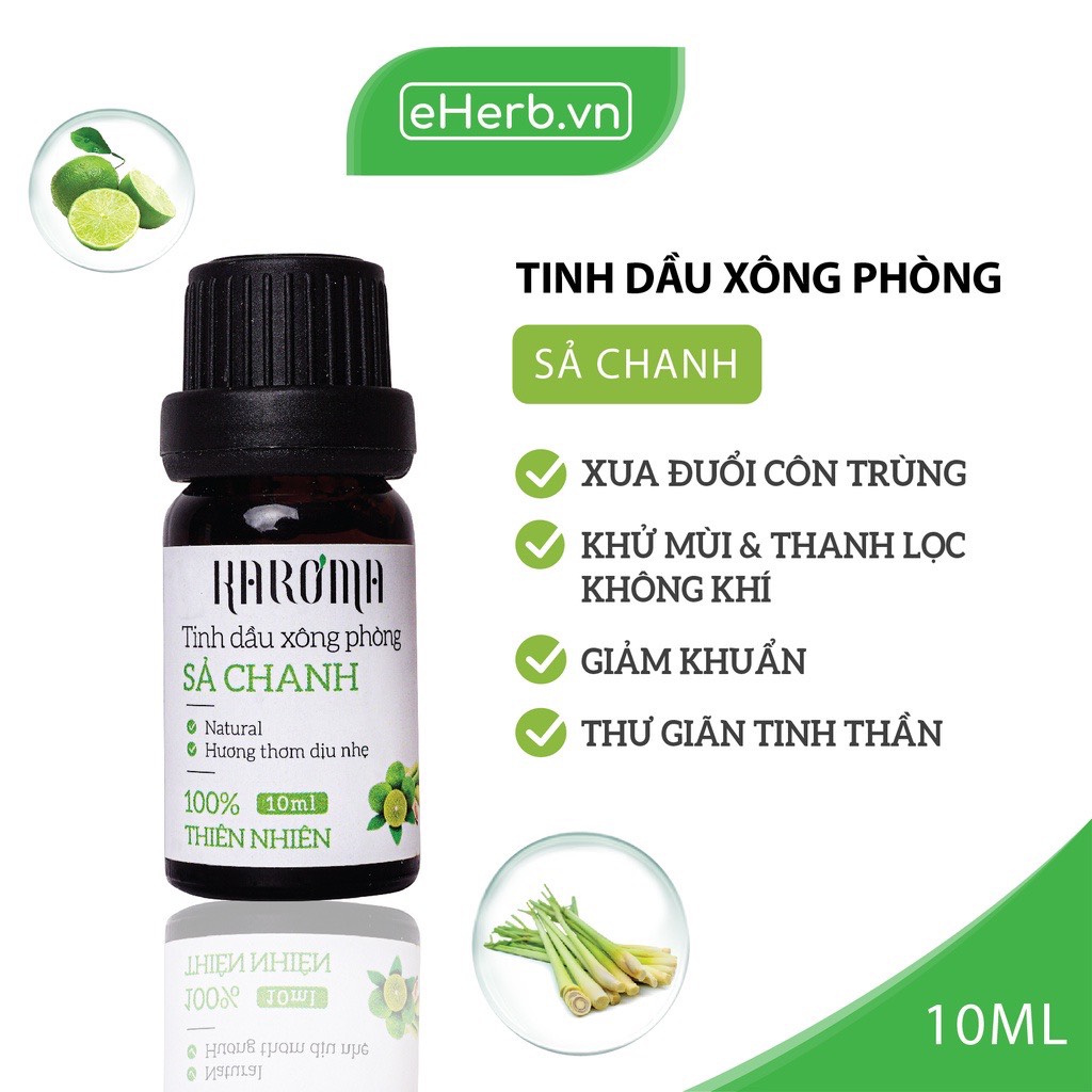 Tinh dầu xông phòng sả chanh giúp khử mùi, thơm phòng, đuổi muỗi, kháng khuẩn Karoma Lemongrass hộp 1 chai 10ml