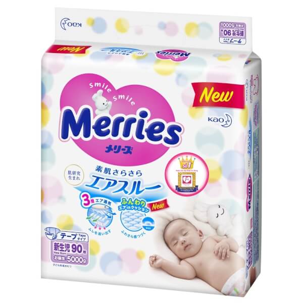 Bỉm tã dán dành cho trẻ sơ sinh Merries Size Newborn gói 90 miếng