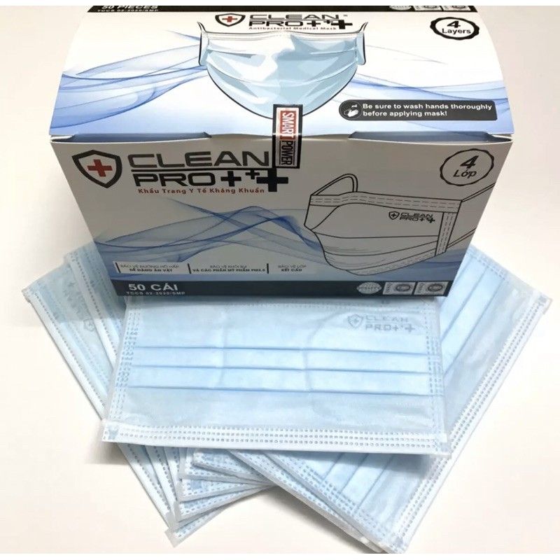 Khẩu trang y tế kháng khuẩn 4 lớp CLEAN PRO (màu xanh) hộp 50 cái