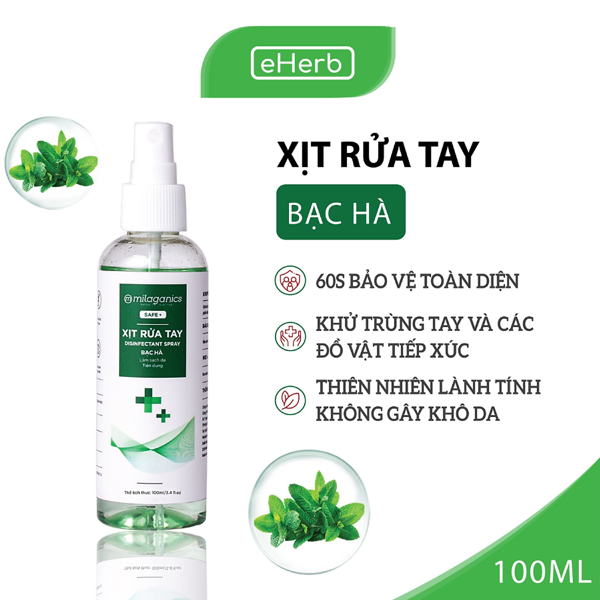 Xịt rửa tay Milaganics Bạc Hà chai 100ml