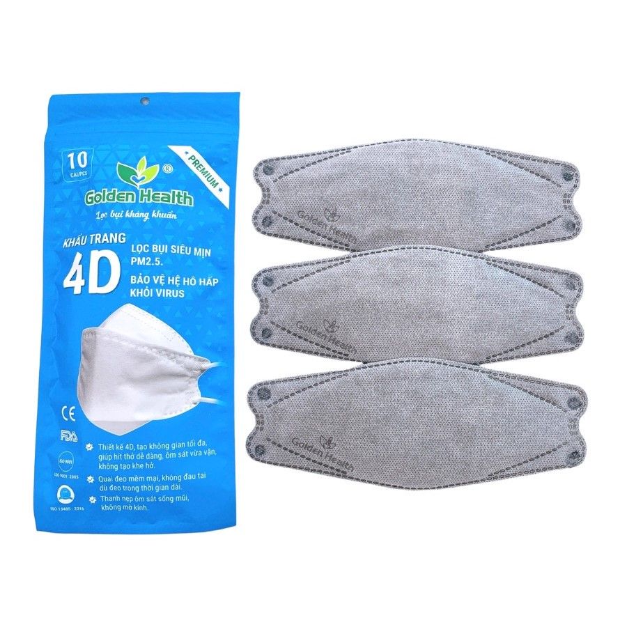 Khẩu trang 4D kháng khuẩn KF94 Golden Health Premium (xám) gói 10 cái