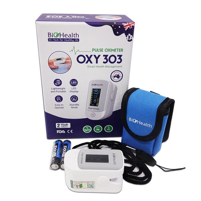 Máy đo nồng độ oxy trong máu SpO2 và đo nhịp tim dạng kẹp ngón tay Pulse  Oximeter OXY 303 BioHealth hộp 1 cái | Medigo
