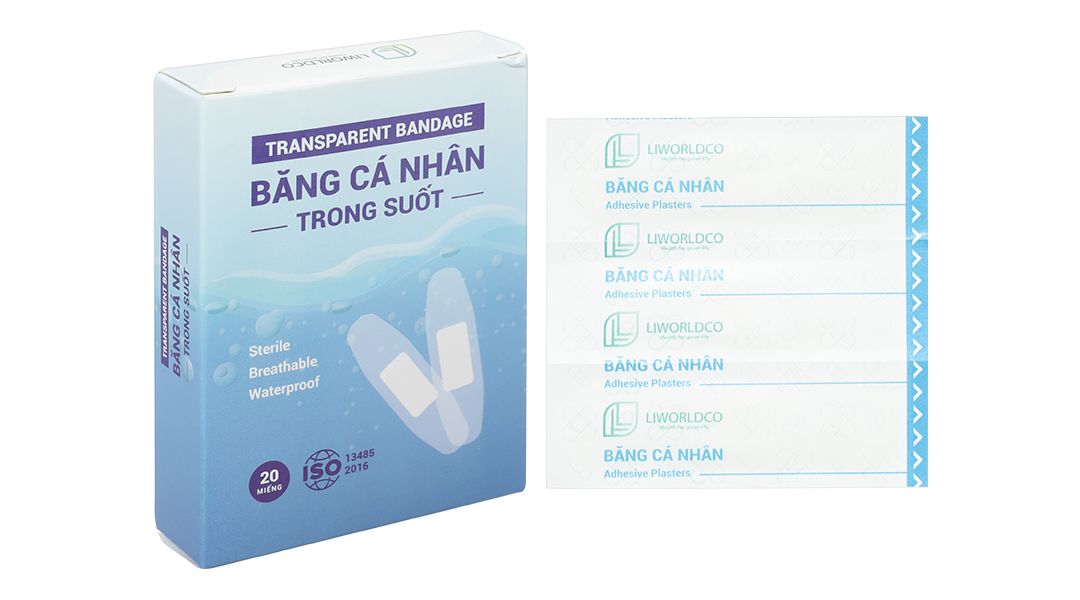Băng cá nhân trong suốt  Liworldco hộp 20 miếng 1,9cm x 7,2cm